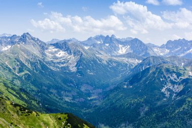 Bahar ve yaz mevsimlerinde Tatras 'ta dağ manzarası. Vadinin manzarası ve etrafındaki tepeler.