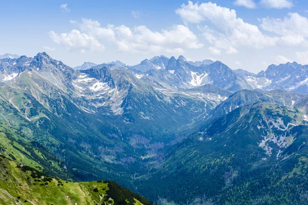 Berglandschap Tatra Het Voor Zomerseizoen Uitzicht Vallei Omringende Toppen — Stockfoto