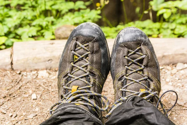 Presentatie Van Natte Schoenen Aanpak Een Reis Door Het Bos — Stockfoto