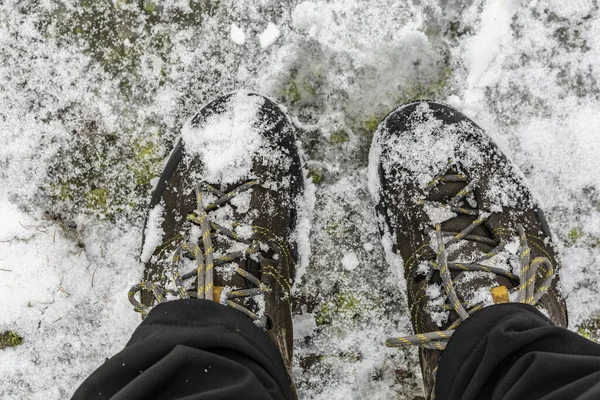 Τουριστική Προσέγγιση Παπούτσια Στο Χιόνι Και Μούσκεμα Από Αυτόν — Φωτογραφία Αρχείου