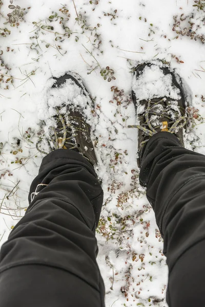 Ein Spaziergang Durch Den Frischen Schneefall Auf Dem Weg Touristenschuhe — Stockfoto