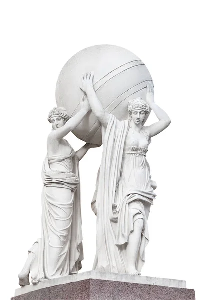 Статуї німфів, що несуть земну сферу, ізольовані на білому — стокове фото