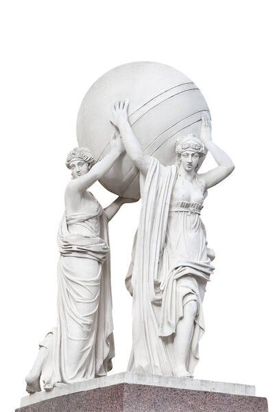 Statues of nymphs carrying the earth's sphere isolated on a whit