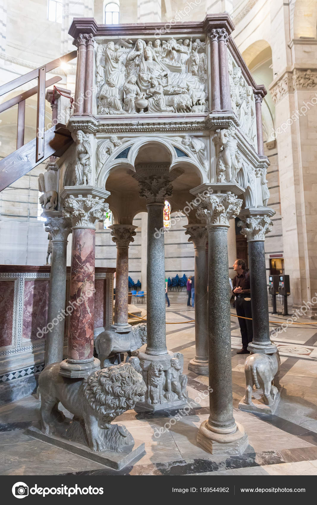 The pulpit of Nicola Pisano in the Pisa Baptistery of St. John i ...