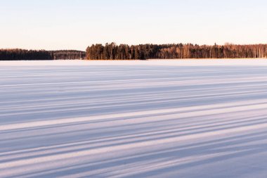 Göl güneşli bir kış günü kar gölgelerde