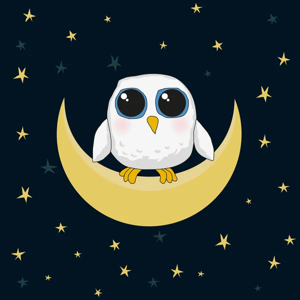 White cute owl are sitting on the moon at night — Stock Vector