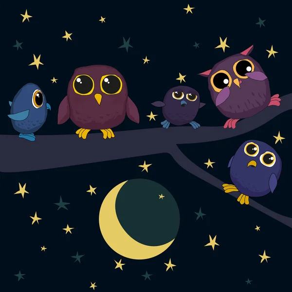 Cute owls are sitting on the branch at night — Stock Vector