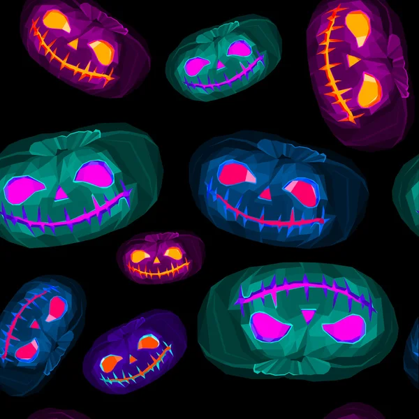 Low poly Halloween pumpkins with shined face. Seamless pattern — Stock Vector