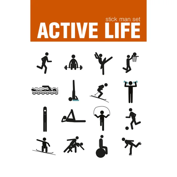 Aktiv livsstil stick man set — Stock vektor