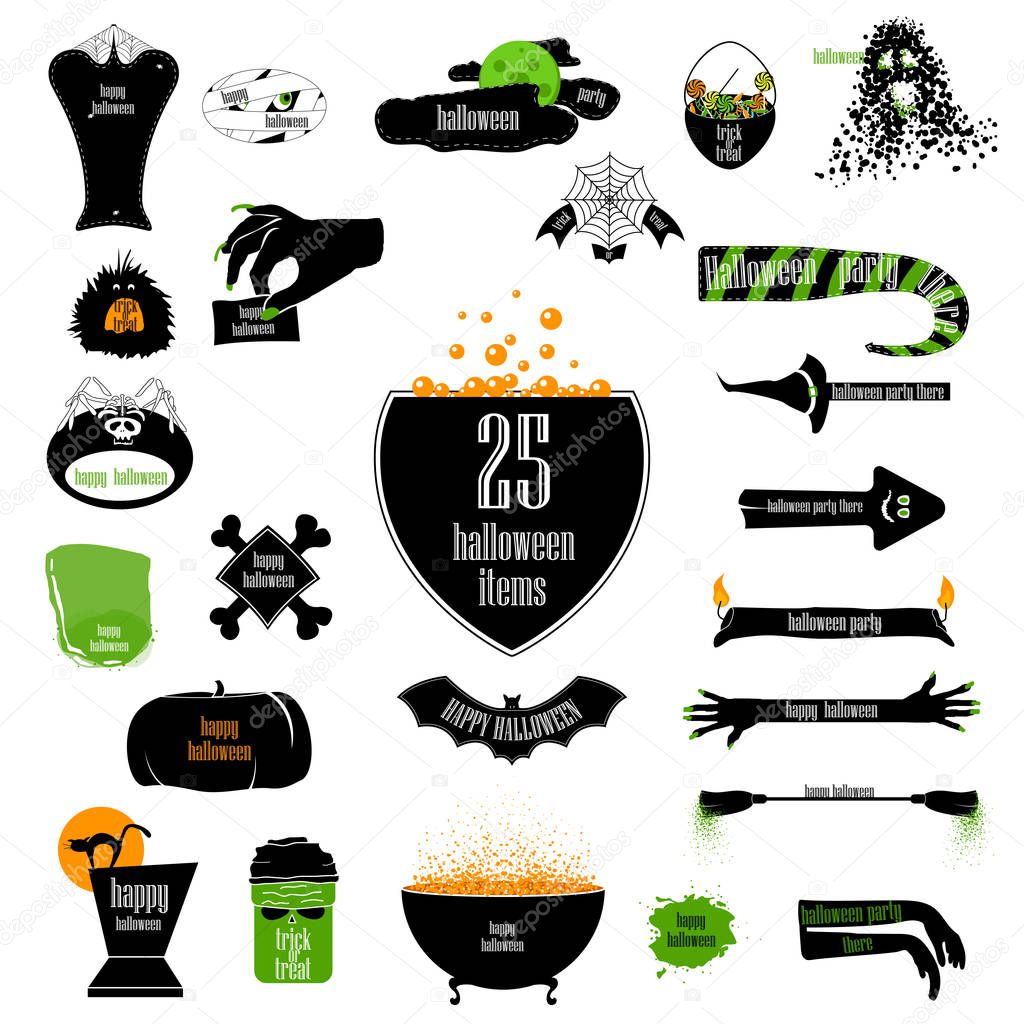 Halloween big set of badges with bat, scary hands, mummy, candle like ribbon, arrows, sweats in basket, monsters, headstone with black cat,  full moon with cloud,  kettle, pumpkin, web with spider, broom, bones, spider's skeleton and green spots. Vec