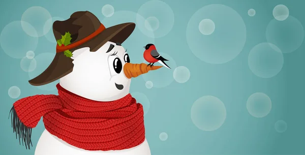 可爱的雪人与红腹灰雀 — 图库矢量图片