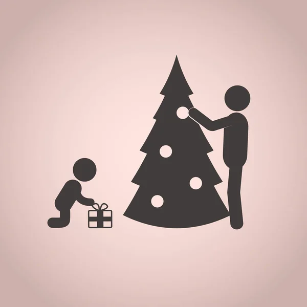 Hombre palo le da al niño un regalo y decorar abeto . — Archivo Imágenes Vectoriales