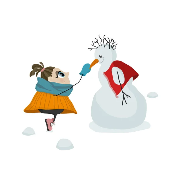 Ein Mädchen freundet sich mit Schneemann an. — Stockvektor
