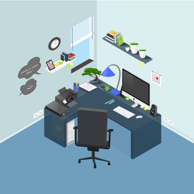 Vektör izometrik office çalışma alanı nesneleri ve mobilya ile. BL