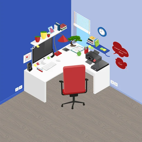 Oficina isométrica vectorial de trabajo con objetos y muebles. De — Vector de stock