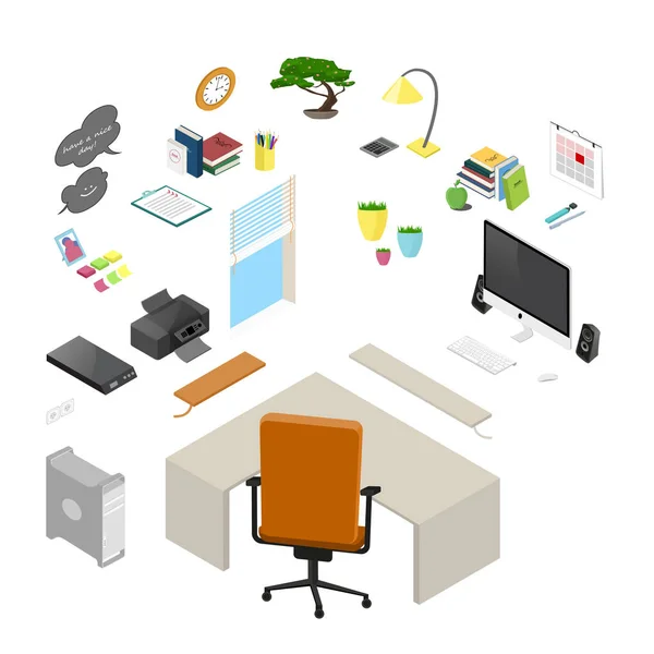 Vector isolated isometric office objects and furniture. Detailed — Stock Vector