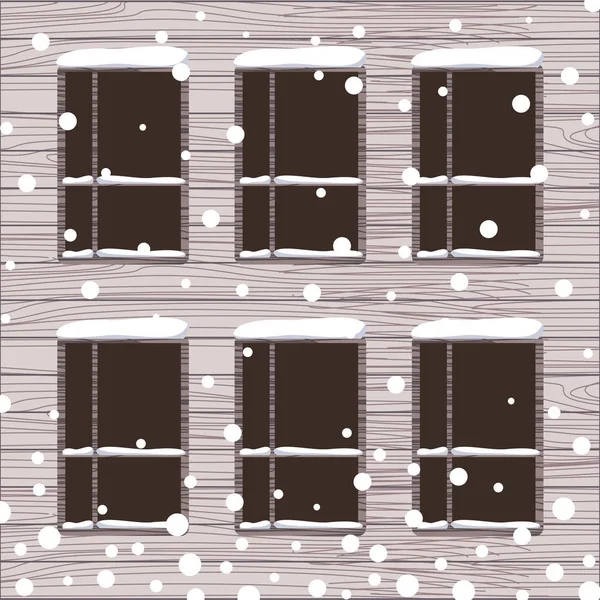Векторна ілюстрація сніжної дерев'яної стіни з вікнами . — стоковий вектор