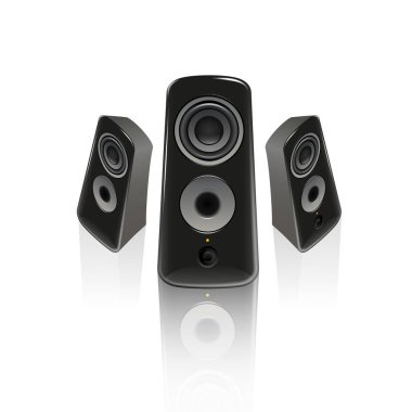 Ön tarafta gerçekçi siyah müzik hoparlörleri ve arka planda da izometrik görüş. Vektör izole edilmiş sanat illüstrasyonu.