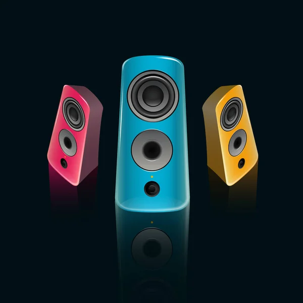 Realistische roze, blauw en oranje muziek luidsprekers vooraan en — Stockvector