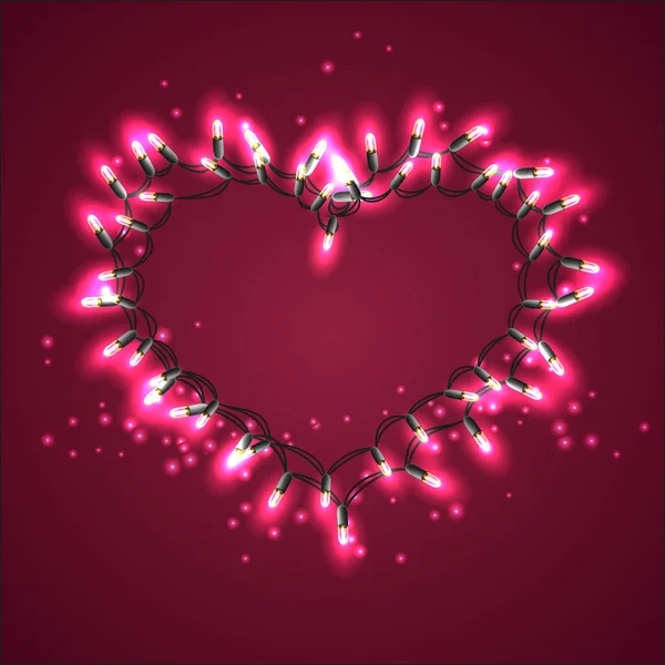 Couronne vectorielle en forme de coeur composée de guirlandes lumineuses brillantes. Cadre pour texte. Couleurs rouge, rose et violet . — Image vectorielle