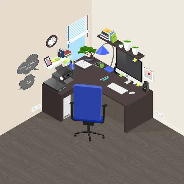 İzometrik vektör nesneleri ve furn ile kesinlikle işyeri ofis — Stok Vektör