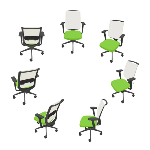Conjunto de vetores com cadeiras de escritório verdes isoladas em diferentes vistas . — Vetor de Stock