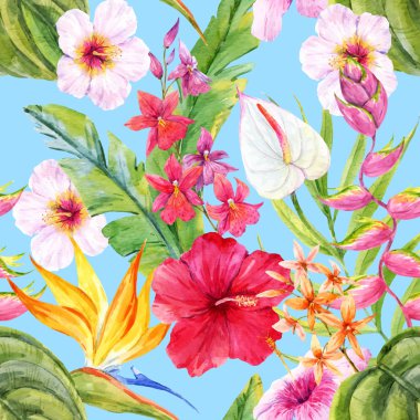 Suluboya tropikal çiçek desenli