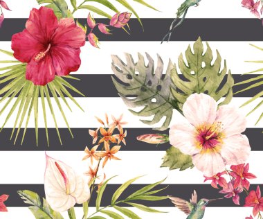 Suluboya tropikal çiçek desenli