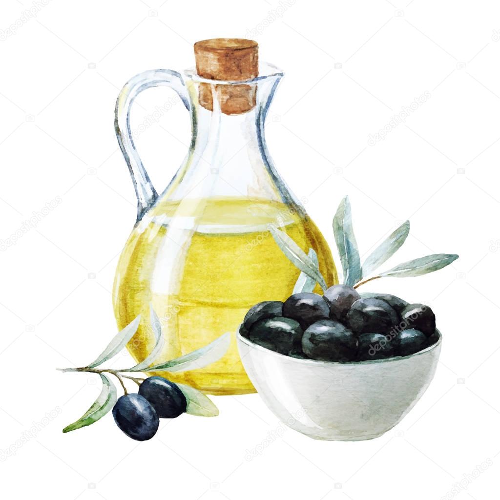 Beautiful image with nice watercolor olives and olive oil
