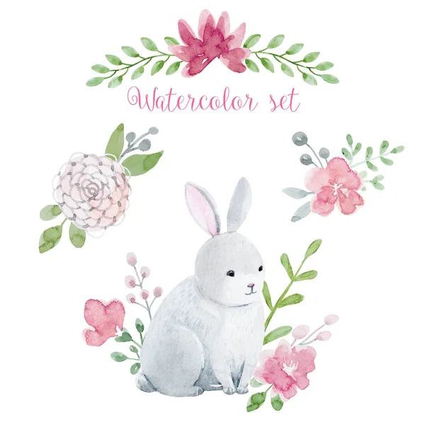 Aquarell Hase mit Blumen — Stockfoto