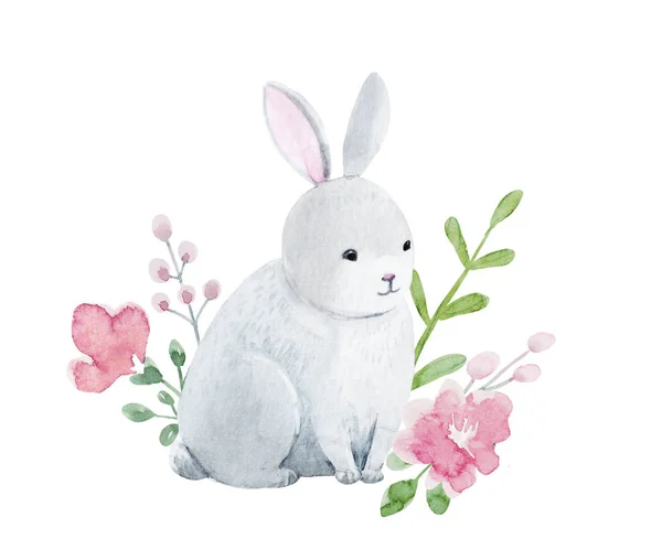 Watercolor rabbit with flowers — Stock Photo, Image