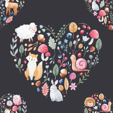 Suluboya hayvanlar çiçek desenle