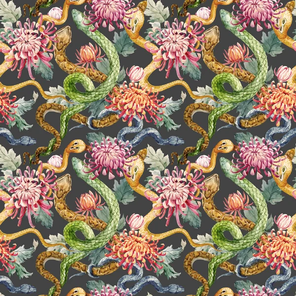 수채화 꽃과 뱀 패턴 — 스톡 벡터