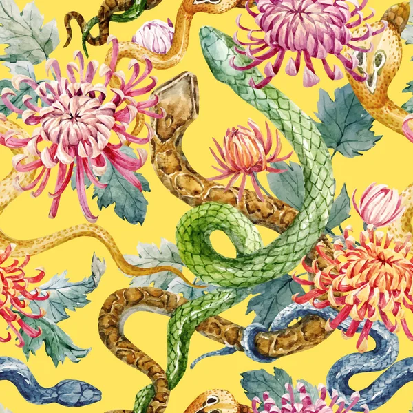 Aquarelle motif serpent et fleurs — Image vectorielle