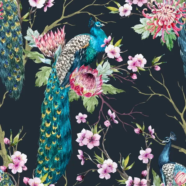 Watercolor peacock pattern — Stock Photo, Image