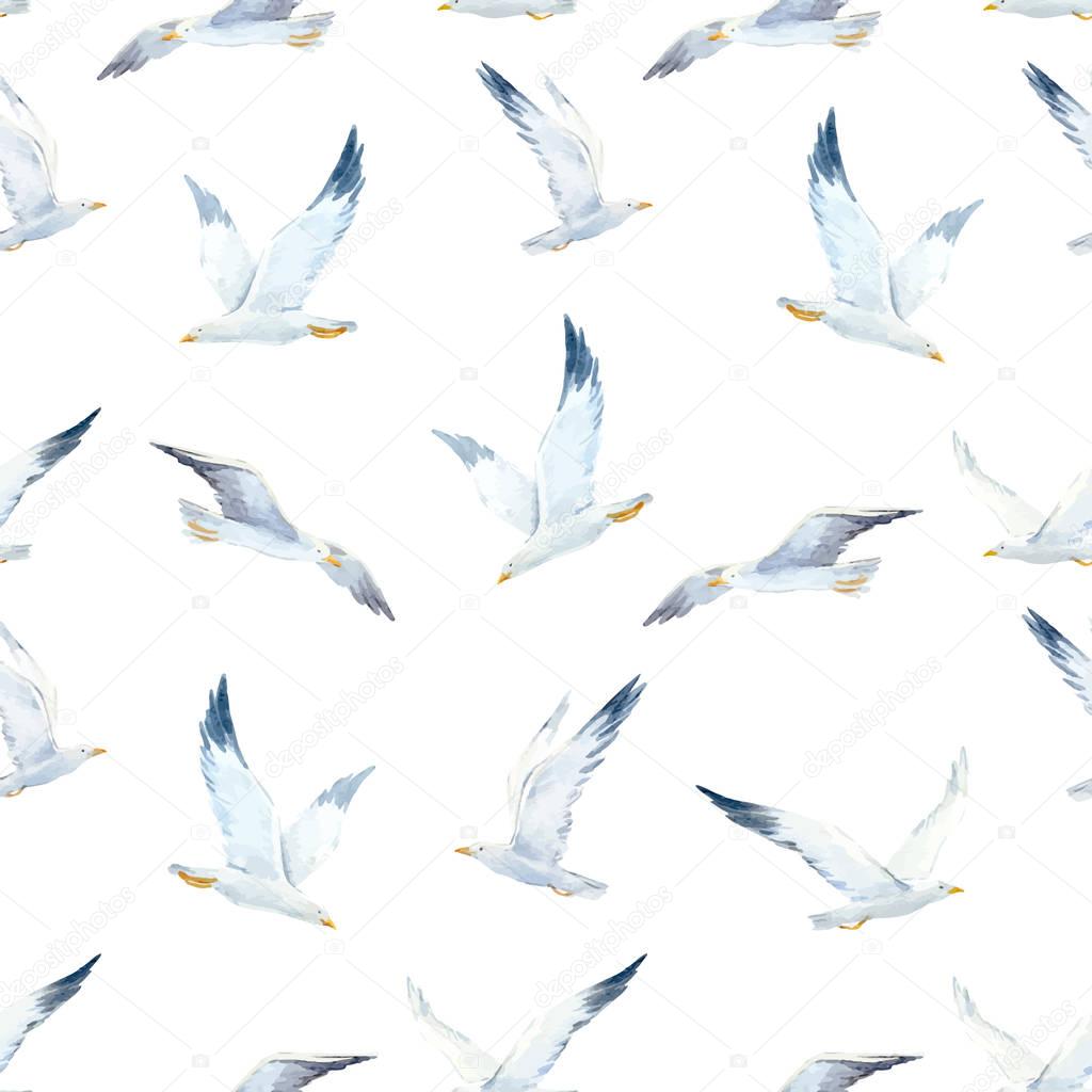 Watercolor seagull vector pattern