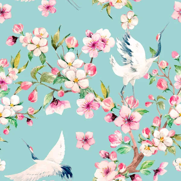 Watercolor crane with flowers vector pattern