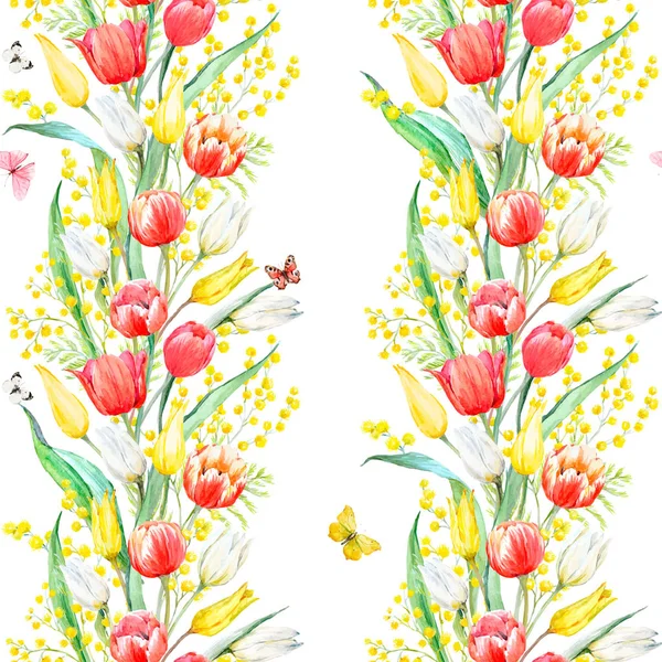 水彩的含羞草和郁金香矢量模式 — 图库矢量图片