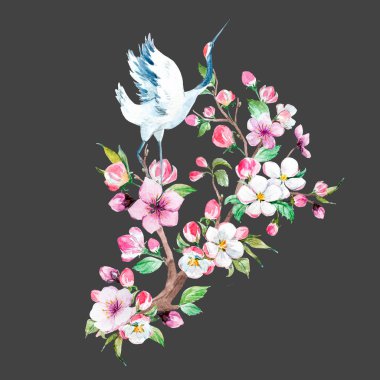 Çiçek kompozisyon suluboya vinç