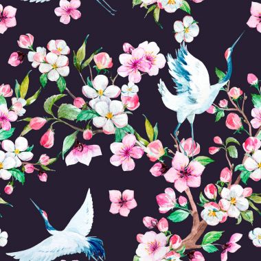 Çiçek desenli suluboya vinç