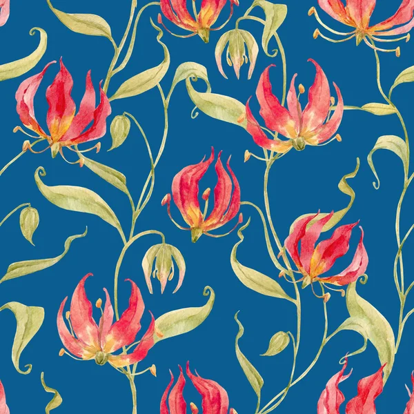 Watercolor gloriosa rothschildiana pattern — Stock Photo, Image