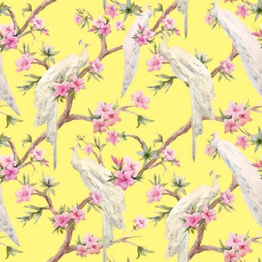 Suluboya vektör tavus kuşu ve çiçek deseni