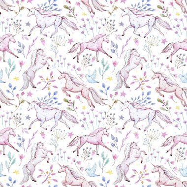 Sulu Boya tek boynuzlu at desen