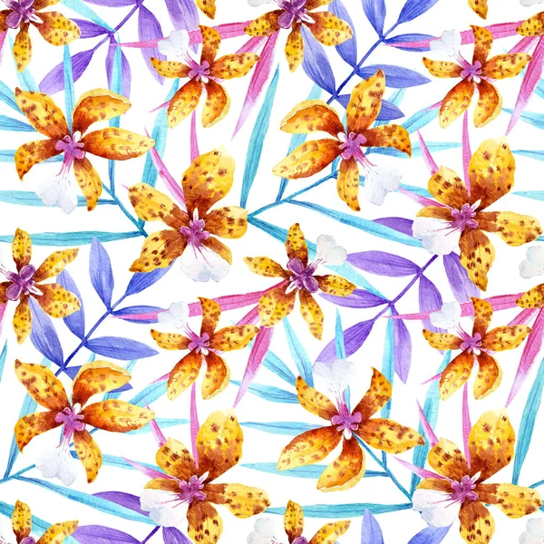 蘭の花を水彩熱帯パターン — ストック写真