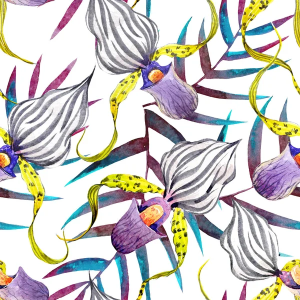 Suluboya orkide çiçekleri tropikal desen — Stok fotoğraf