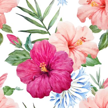 Watercolor tropical hibiscus vector pattern clipart