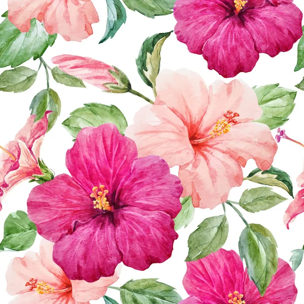 Watercolor tropical hibiscus vector pattern — Stock Vector