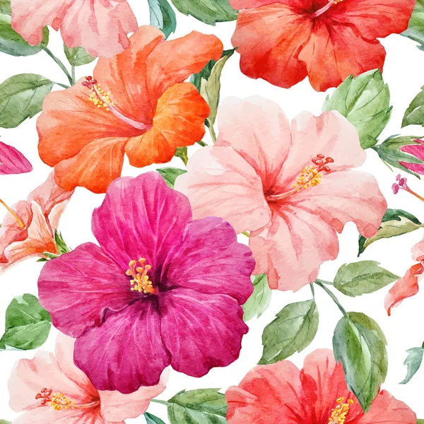 Watercolor tropical hibiscus vector pattern — Stock Vector