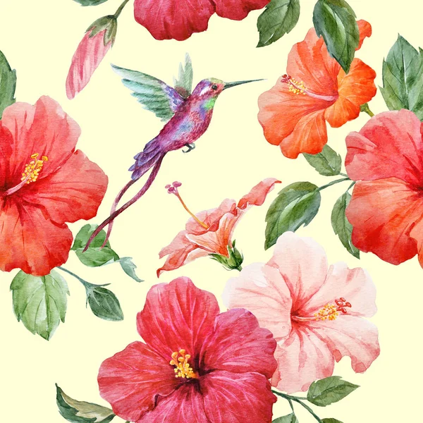 Akvarell tropiska hibiskus mönster — Stockfoto