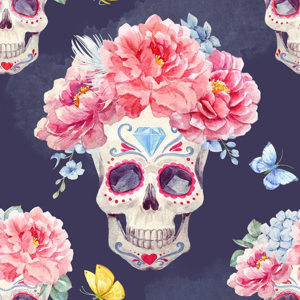 Watercolor skull seamless pattern — Stock Photo, Image